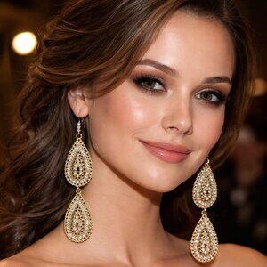 New ABS Teardrop Earrings - Gold and Rhinestone -3" drop